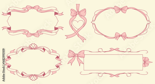 Elegant pink ribbon frames with bows for decorative border design