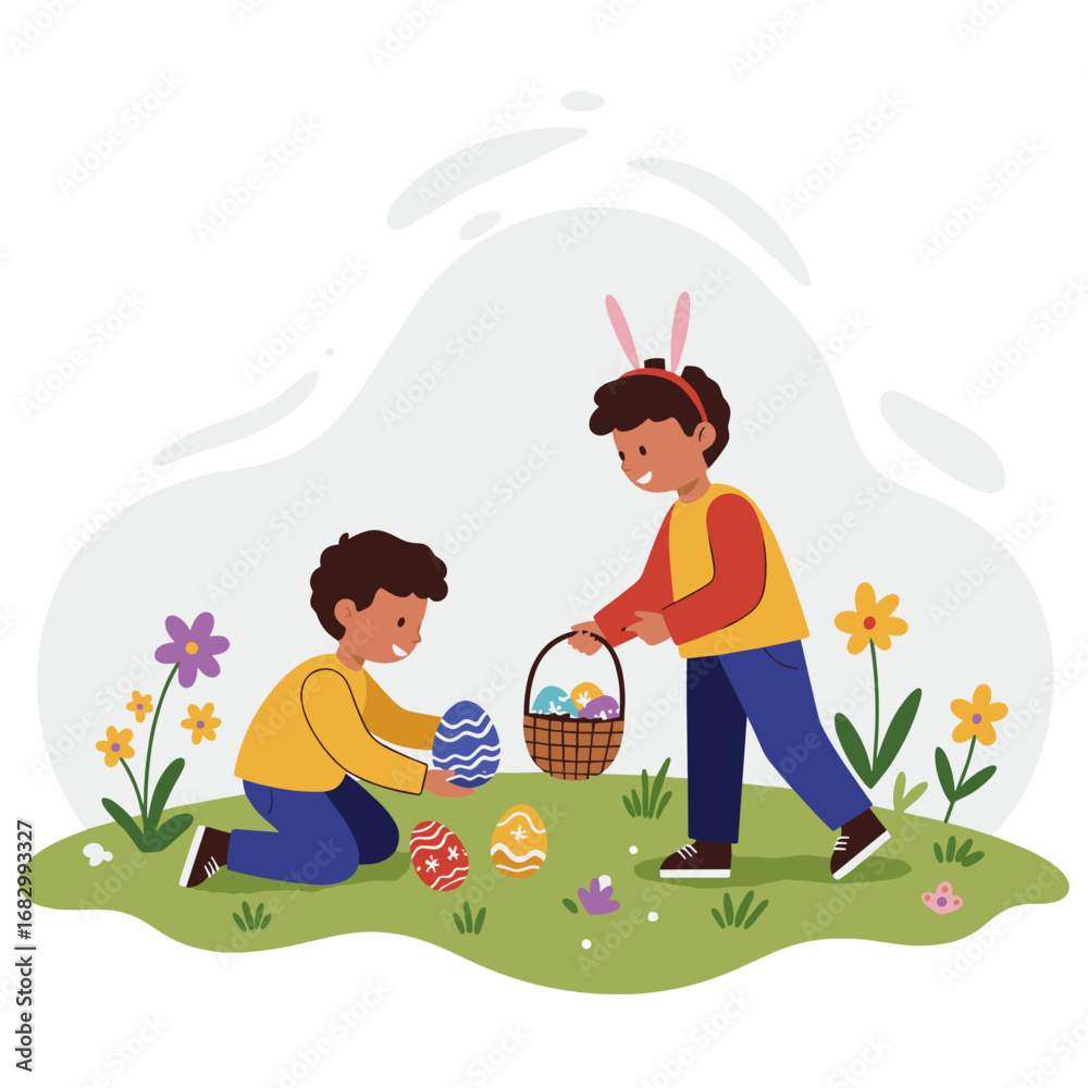 Fototapeta premium Two boys hunting Easter eggs in a garden with colorful flowers 