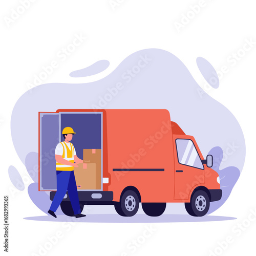 Delivery worker loading boxes from delivery truck in modern style  