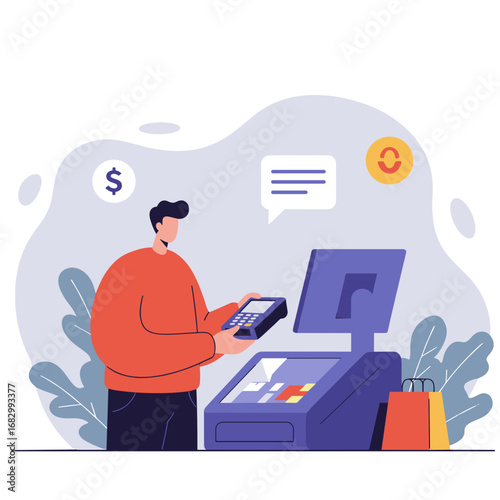 Man using self-service kiosk for payment in modern retail environment  