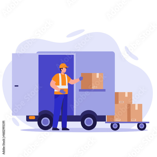 Delivery man unloading boxes from truck in blue background  