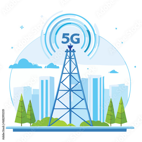 5G communication tower for wireless hi-speed internet. Mobile network technology in city life concept. LTE aerial connection with satellite net. Mast of station of the broadcasting cellular	
