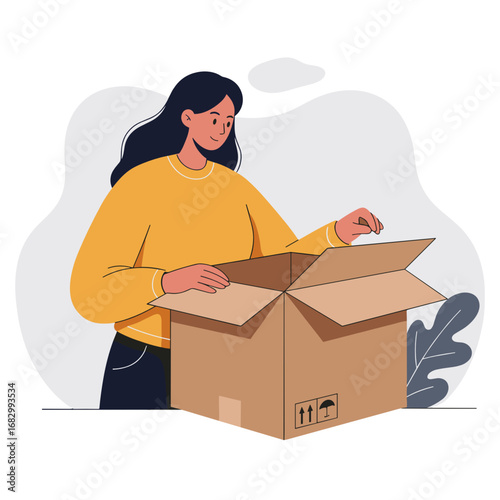 Woman opening cardboard box while smiling indoors with soft background  