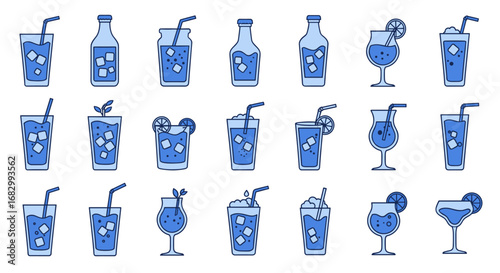 Blue beverage icons: diverse line art designs of various drink glasses