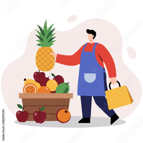 Man holding pineapple and carrying basket near colorful fruit display  