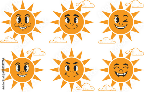 Collection of six cheerful cartoon sun characters with expressive faces