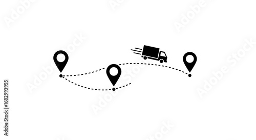 Delivery route with dotted path and truck icon in minimalist silhouette style