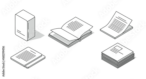 Minimalist isometric icons of books and documents featuring open and closed styles