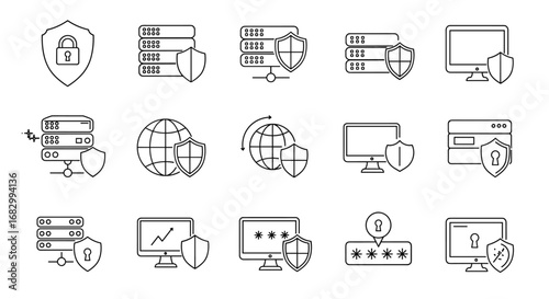 Cybersecurity icons collection: network protection and data security concepts