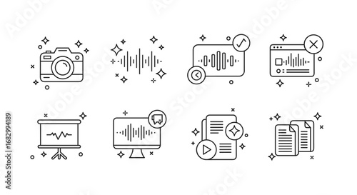 Line icons of digital media and data tools with sparkle accents
