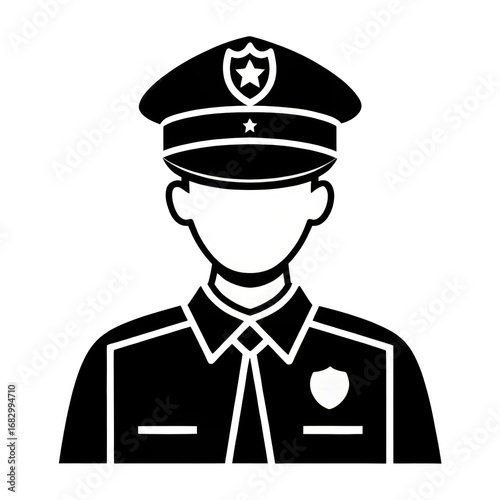 Black and white icon of police officer with cap and badge, on transparent background – law enforcement symbol