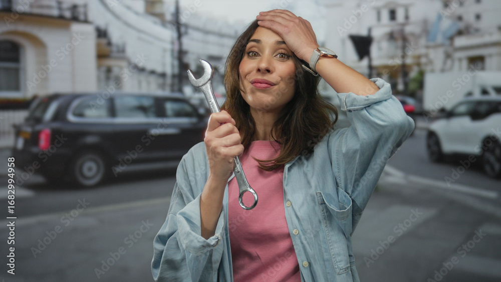 Fototapeta premium Hispanic woman holding wrench in city street with surprised expression and cars in background captures a playful urban scene showcasing her interesting adventure outdoors.