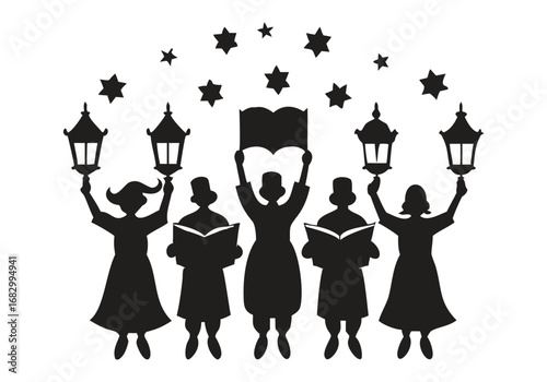 Silhouette group of people singing with lanterns and stars choir with Vector Design