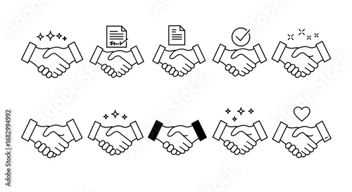 Set of handshake icons in linear style for contracts and agreements