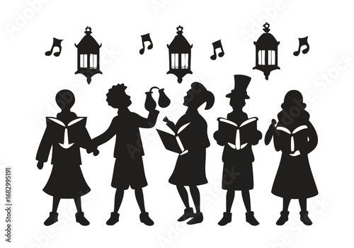 Silhouette of Carolers Singing with Lanterns and Music Notes caroling with Vector Design