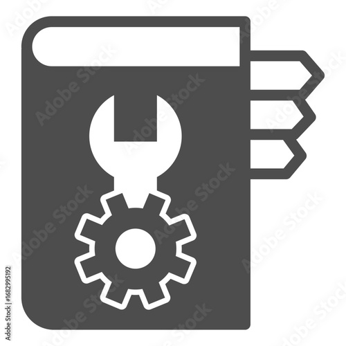 Book with wrench, mechanism gear solid icon, user manual concept, guide with bookmarks vector sign on white background, glyph style icon for mobile concept and web design. Vector graphics.