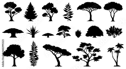 Diverse tree silhouettes collection for nature design projects