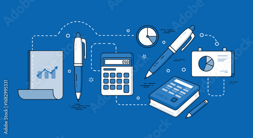 Linear office tools with analytics and time management on blue background
