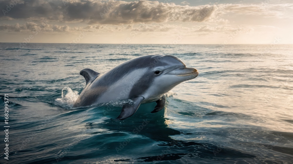 Obraz premium Playful dolphin jumping out of the ocean at sunset, marine wildlife photography, nature's beauty, serene ocean waves, aquatic life - AI Generated Digital Art
