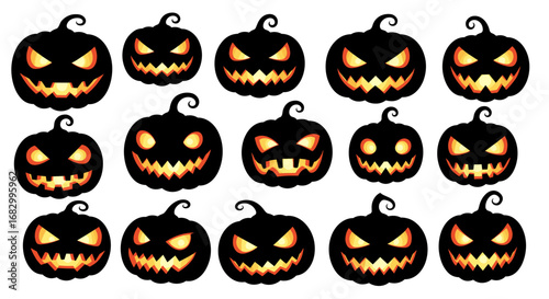 Spooky halloween pumpkins with scary faces and glowing eyes
