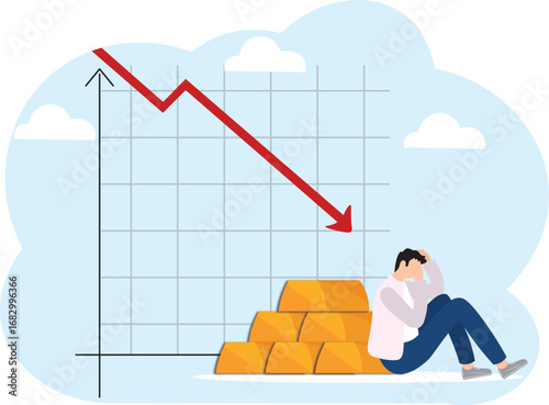 Gold investment, ingot or price rising down, price gain or trading gold to make profit, financial or value increase concept, businessman investor with gold  rising Down graph and chart.