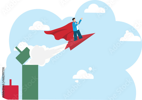 Leaders create and develop. Businesswoman flies in paper airplane out of candel vector