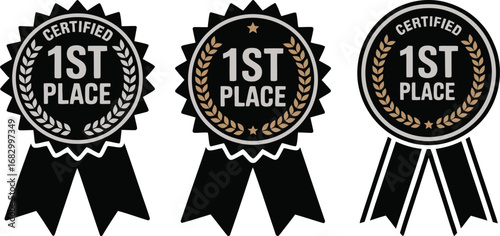 Three black ribbons award badges for first place winners