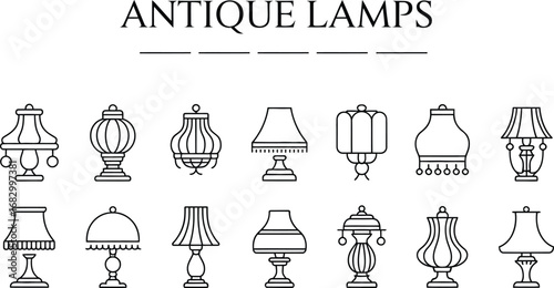 Collection of vintage and antique table lamps in hand drawn sketch style