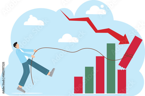Red down arrow knocks down the bar chart. Risky fall or investment concept.