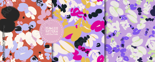 Set of seamless patterns with abstract flowers in vector. Backgrounds, prints, design elements, wrapping papers, textile