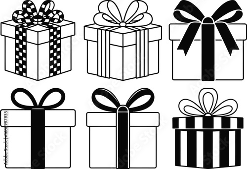 Collection of six hand drawn black and white gift boxes with ribbons