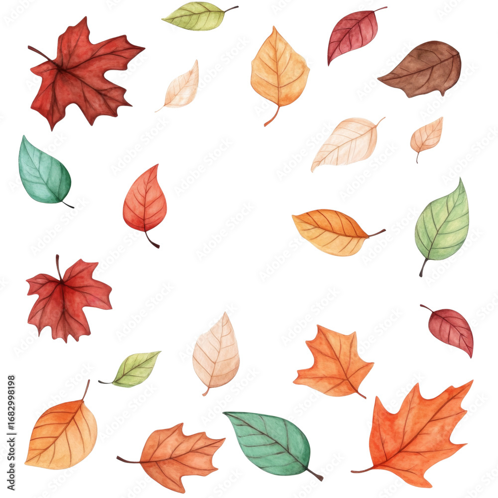 Obraz premium Autumn leaf watercolor red orange green brown scattered seasonal nature isolated