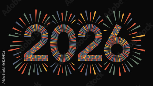 The year two thousand and twenty six displayed with radiating colorful lines on a black background