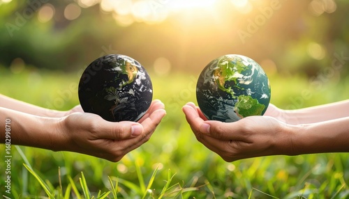 Two hands cradle contrasting Earths, one vibrant and green, the other darkened, symbolizing environmental concerns against a soft, sunlit bokeh
