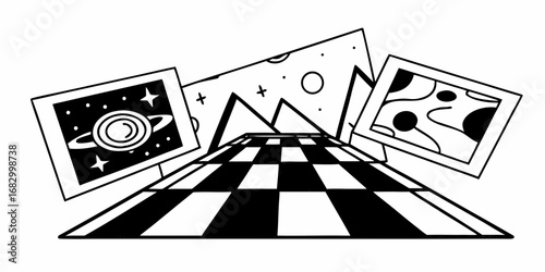 Black and white checkered floor with space themed pictures and geometric shapes in the background
