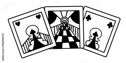 Three playing cards featuring heart, optical illusion and club symbols in black and white art