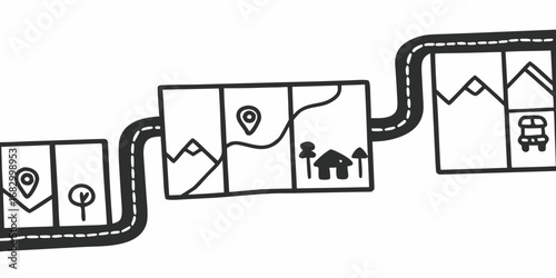 Illustration of a road connecting map sections with various landmarks and destination markers shown here