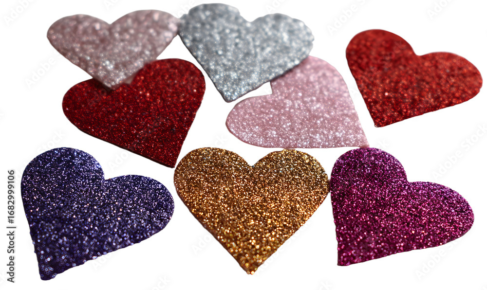 Obraz premium Shiny set of glitter heart stickers isolate on whitebackground, set includes rd, pink, silver, purple an gold sparkling shapes, roantic isolate concept for alentine decor