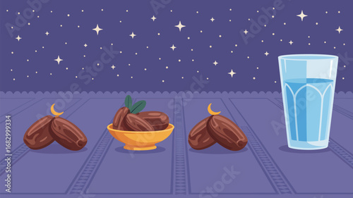 Illustration of dates in a bowl and on a mat with a glass of water under a starry night sky scene