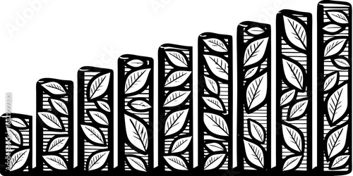 Black and white illustration of a rising bar graph with leaf patterns on the bars in a simple style