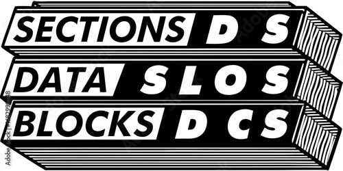 Stacked boxes with sections data blocks and letters d s and cs in white on black with striped sides