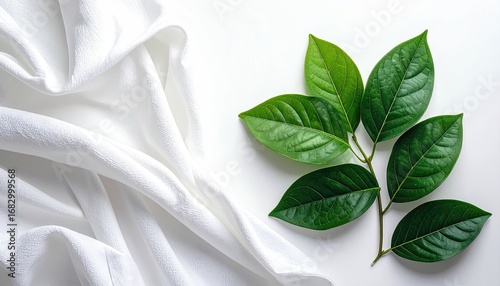 Soft white draped fabric contrasts with vibrant green leaves laid on a bright surface. Simple elegance with natural elements