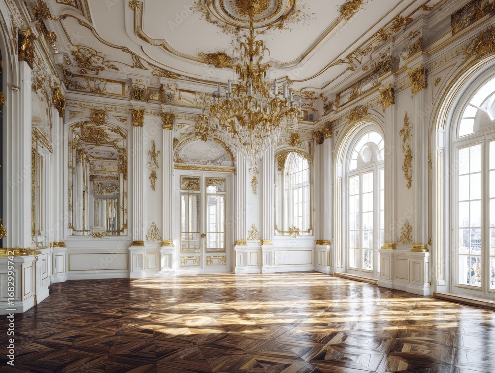 Obraz premium A grand, opulent ballroom boasts intricate gold detailing, gleaming white walls, and a rich, wooden parquet floor.