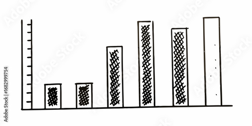 Hand drawn bar graph showing increasing values with a vertical and horizontal axis and filled bars