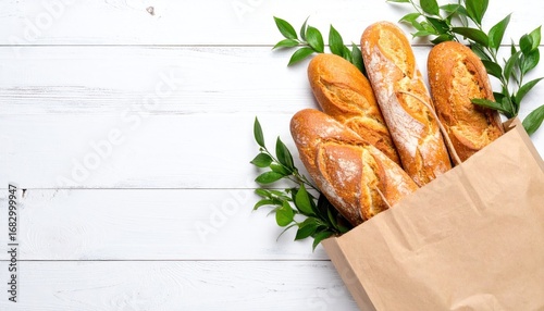 Freshly baked golden baguettes peek from a brown paper bag, surrounded by sprigs of vibrant green foliage on a white wood surface, top-down