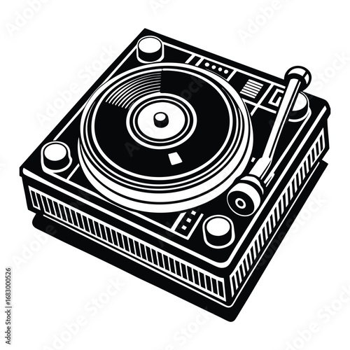 Vintage Turntable Vinyl Record Player Black and White Illustration on White Background