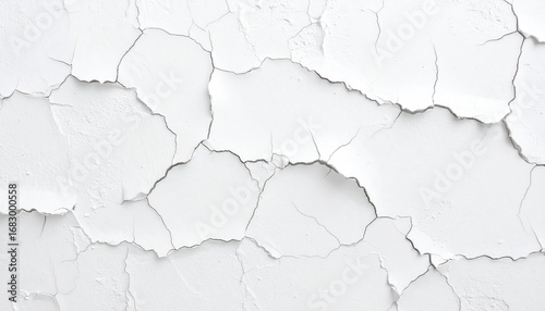 Close-up of peeling white paint revealing intricate cracks and textures. Abstract, minimalist and rough. Monochrome