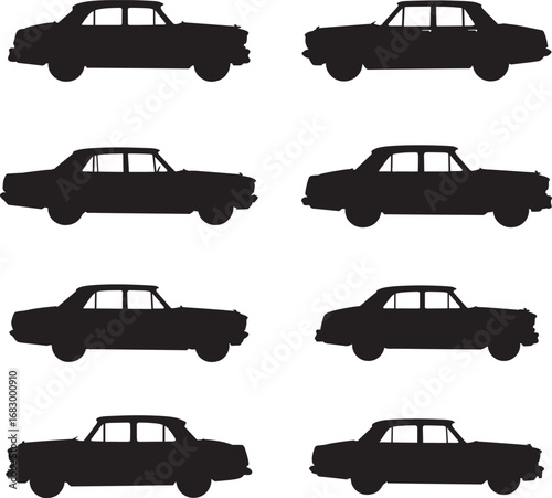 Collection of classic american sedan silhouettes from different eras