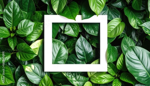 Lush, bright-green leaves form a textured background, showcasing a white square frame in the center. A vibrant, organic composition