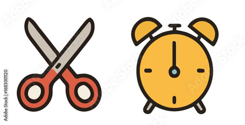 Flat design icons of scissors and an alarm clock.